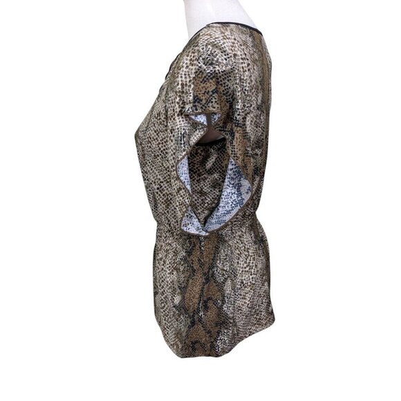 Womens Medium Blouse Flutter Sleeve Smocked Waist Snake Print Brown Cutouts - Picture 6 of 10